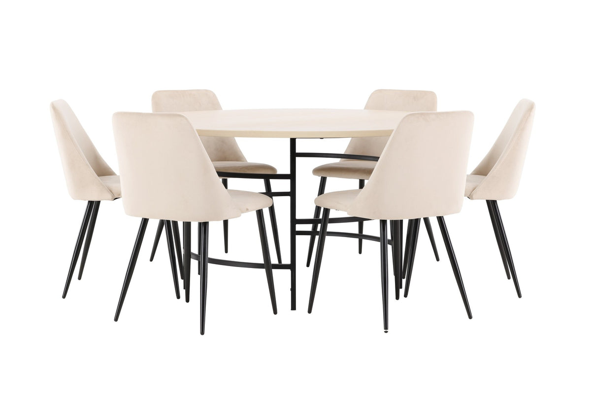 Rundes Esszimmerset Copenhagen mit Nachtstuhl von Venture Home: Tisch aus MDF in White Wash mit Metallgestell und sechs Samt-Stühlen mit schwarzen Beinen.