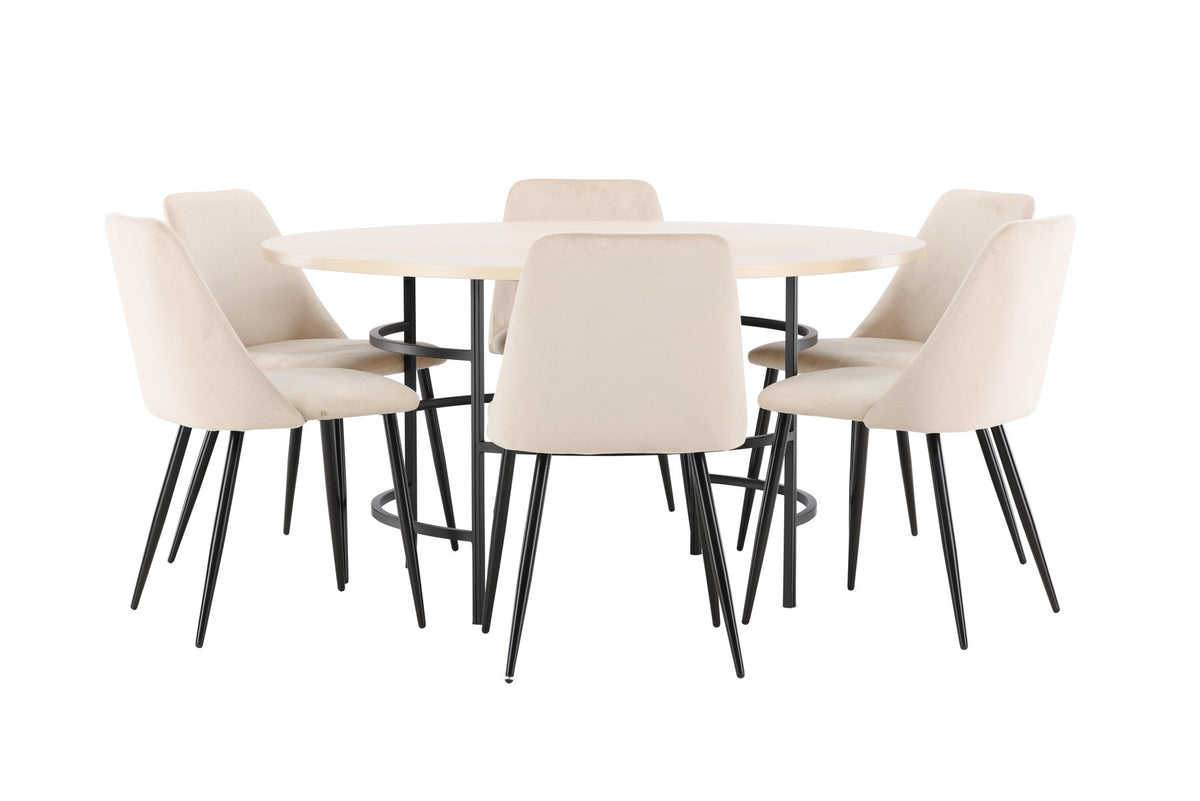 Rundes Esszimmerset Copenhagen mit Nachtstuhl von Venture Home: Tisch aus MDF in White Wash mit Metallgestell und sechs Samt-Stühlen mit schwarzen Beinen.