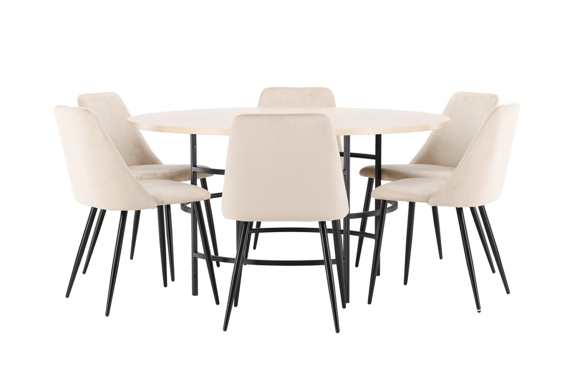 Rundes Esszimmerset Copenhagen mit Nachtstuhl von Venture Home: Tisch aus MDF in White Wash mit Metallgestell und sechs Samt-Stühlen mit schwarzen Beinen.