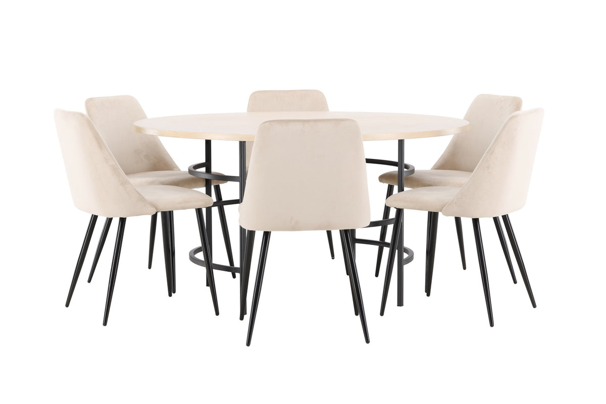 Rundes Esszimmerset Copenhagen mit Nachtstuhl von Venture Home: Tisch aus MDF in White Wash mit Metallgestell und sechs Samt-Stühlen mit schwarzen Beinen.