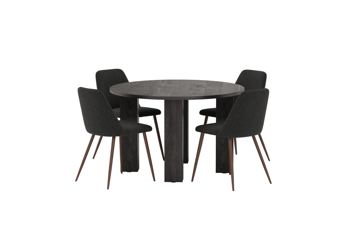 Rundes Esszimmerset in Schwarz: MDF-Tisch ⌀120 cm mit Stahlbeinen und zwei gepolsterte Stühle mit Polyester-Leinen-Bezug, Hersteller Venture Home.