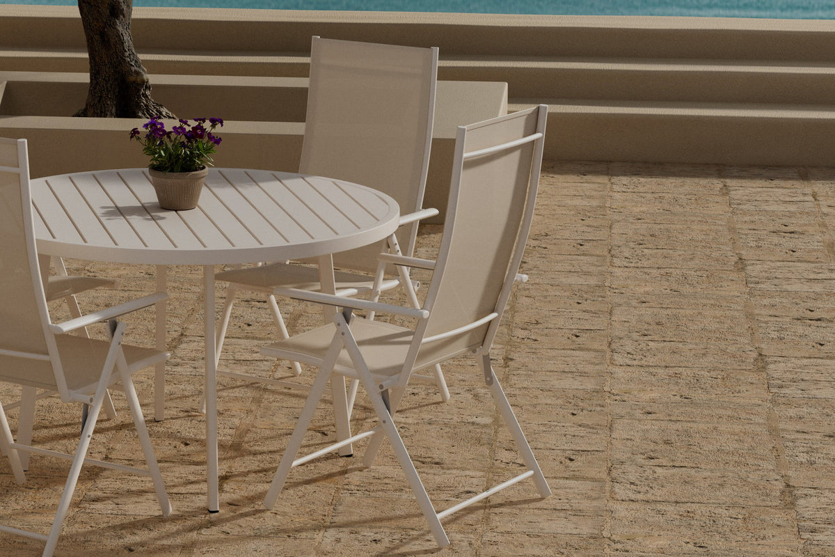 Giardini Esstisch mit Levanzo Stühlen in Beige präsentiert im Onlineshop von KAQTU Design AG. Gartentischset ist von Venture Home