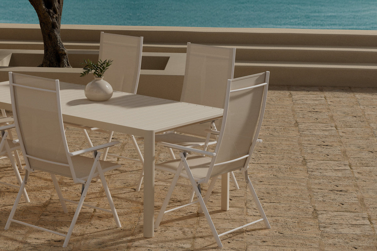 Giardini Esstisch mit Levanzo Stühlen in Beige präsentiert im Onlineshop von KAQTU Design AG. Gartentischset ist von Venture Home