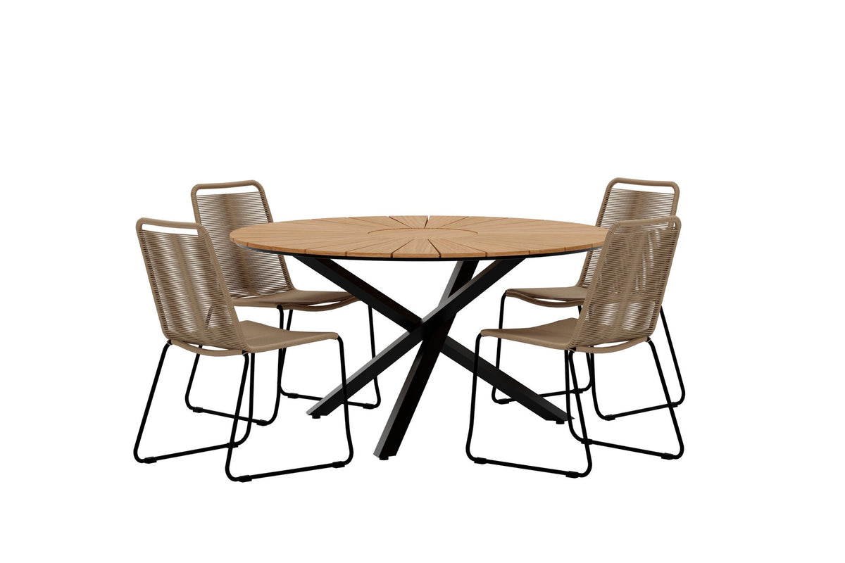 Mexiko Esszimmertisch mit Lindos-Stühlen in Braun präsentiert im Onlineshop von KAQTU Design AG. Gartentischset ist von Venture Home