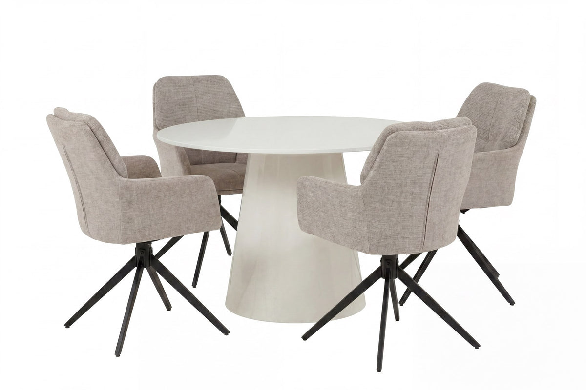 Rundes Esstisch-Set mit beiger MDF-Tischplatte, Metallbeinen und zwei braunen Polsterstühlen mit Armlehnen und hoher Rückenlehne