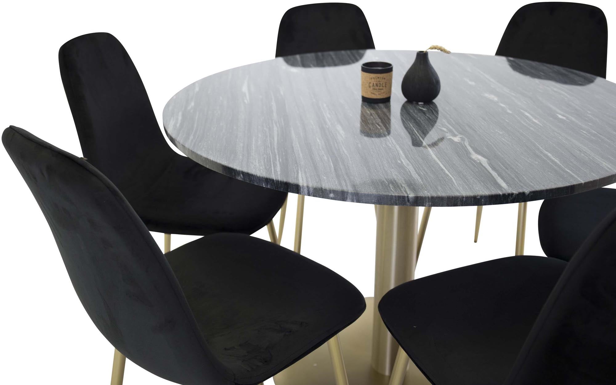 Elegantes Esszimmerset für bis zu 6 Personen. Moderner Esstisch und luxuriöse Samtstühle schaffen eine einladende Atmosphäre.