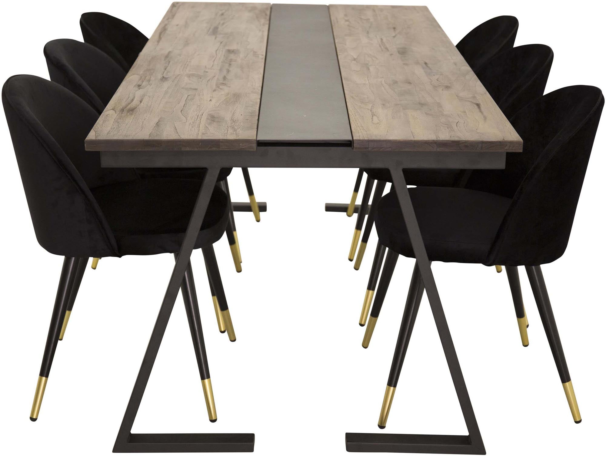 Entdecken Sie das Jakarta Esszimmerset + Velvet von Venture Home: Stilvolles Design, ergonomischer Komfort und Platz für bis zu sechs Personen.