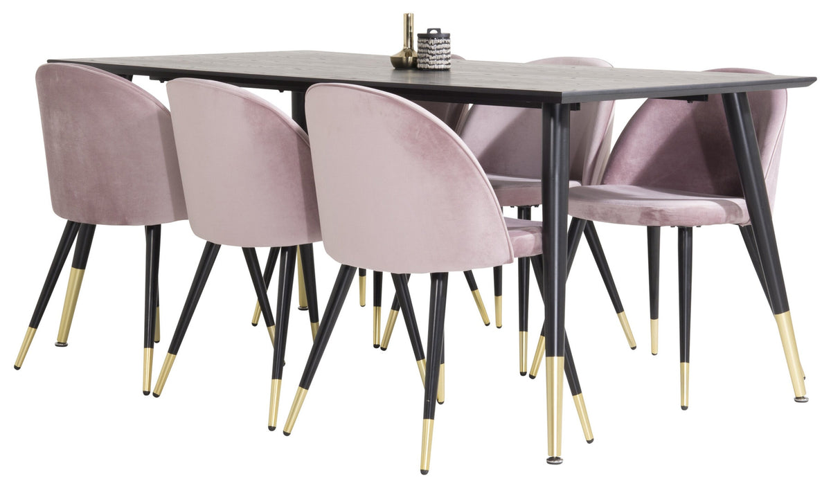 Dipp Esszimmerset + Velvet 180cm/6St. in Schwarz, Altrosa, Gold präsentiert im Onlineshop von KAQTU Design AG. Esszimmerset ist von Venture Home