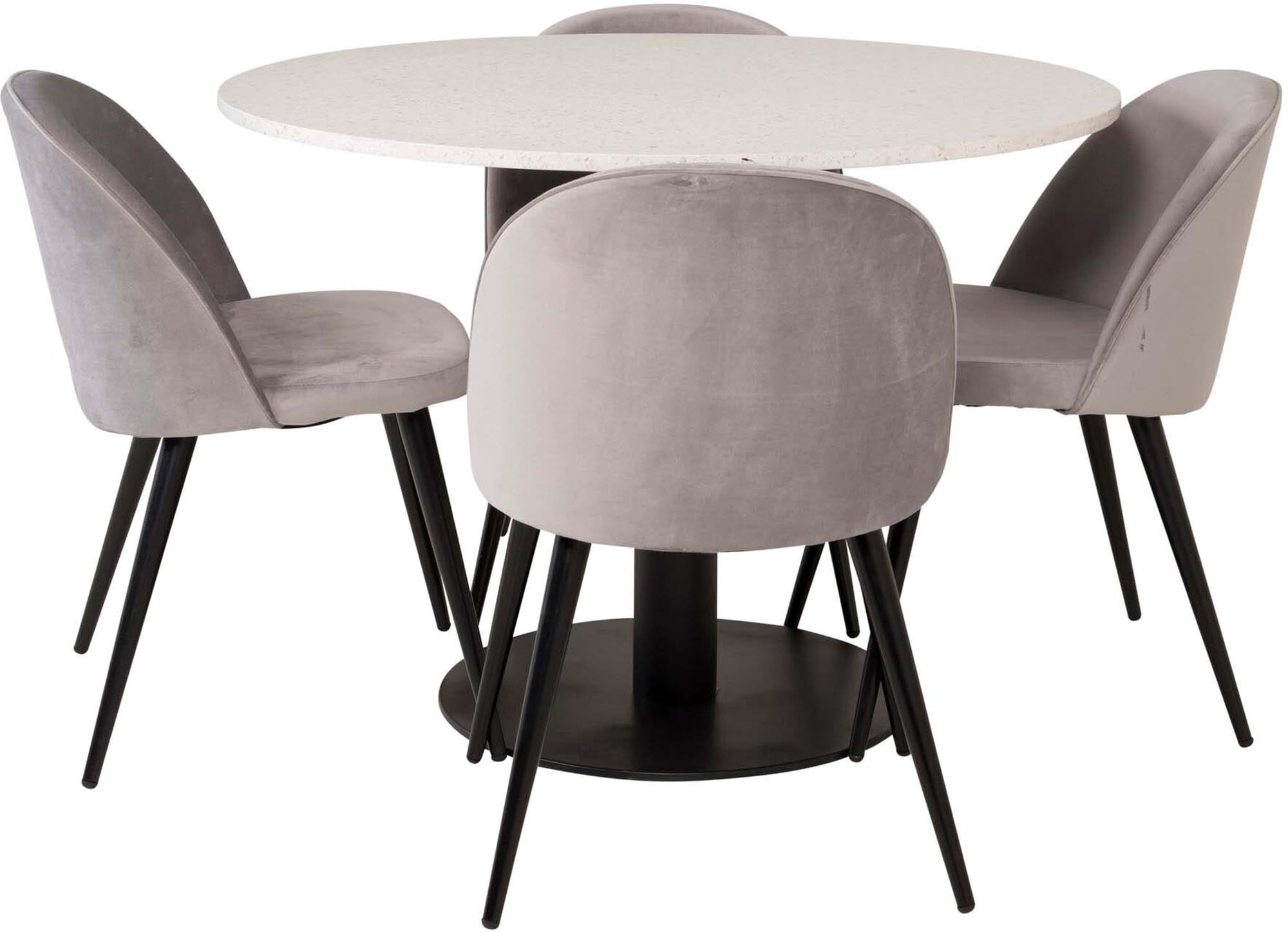 Genießen Sie das Razzia Esszimmerset von Venture Home: Ein eleganter 106 cm Tisch und 4 komfortable Velvet-Stühle für stilvolle Essmomente.