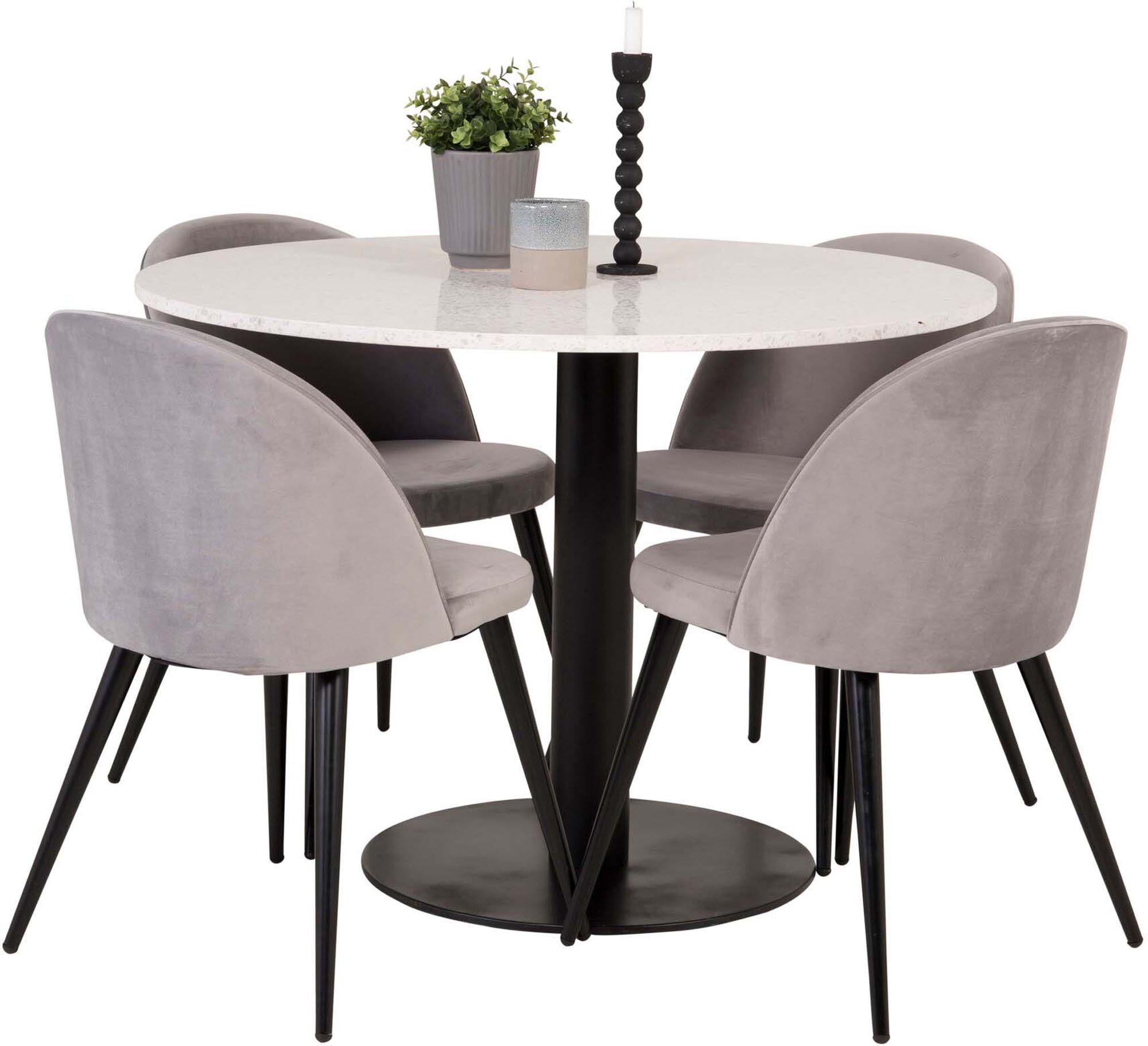 Elegantes Razzia Esszimmerset von Venture Home: Moderner Tisch (106 cm) und 4 stilvolle Velvet-Stühle für höchsten Komfort und zeitloses Design.