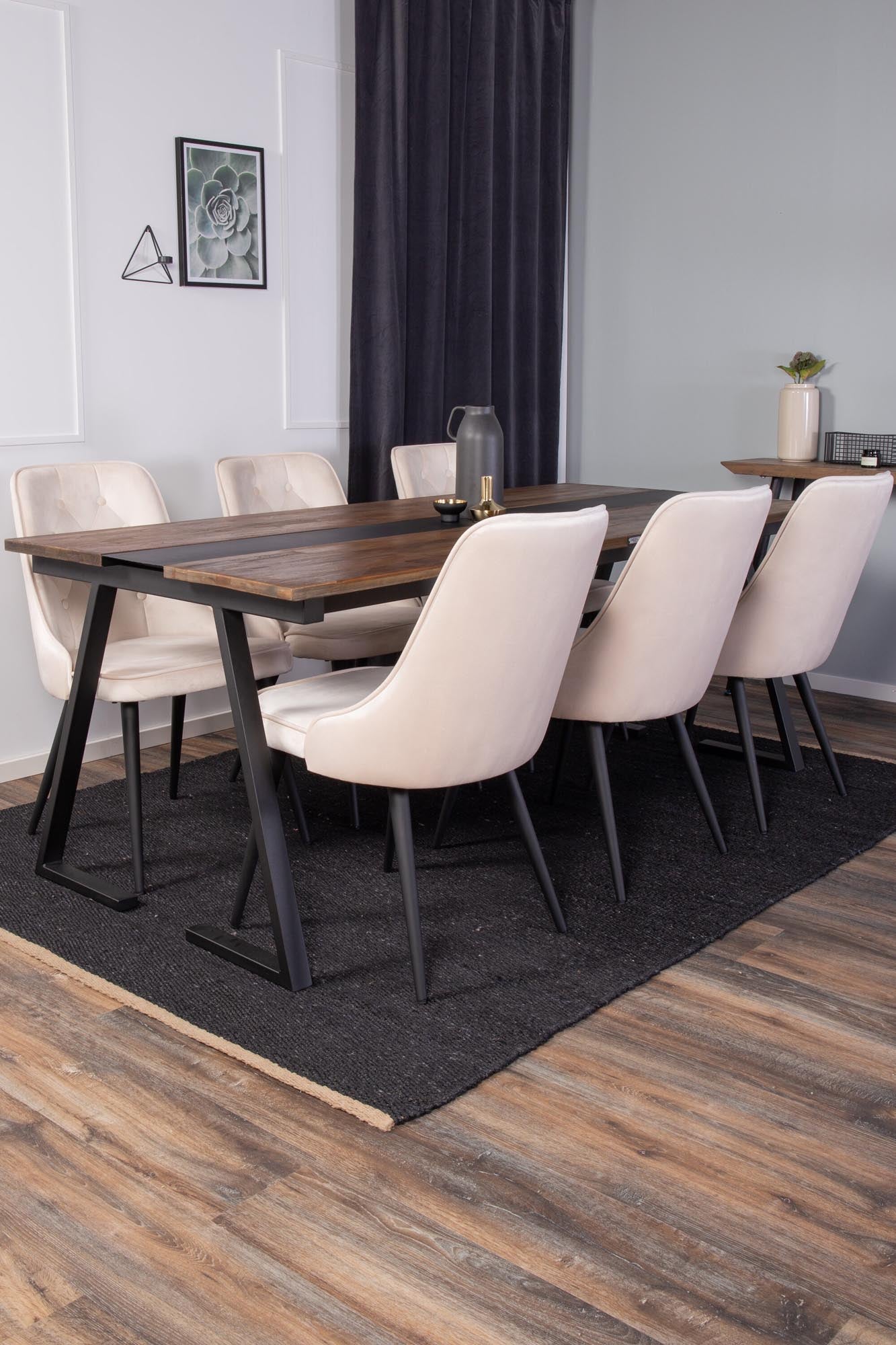 Jakarta Esszimmerset + Velvet Deluxe 200cm/6St. in Beige, Schwarz präsentiert im Onlineshop von KAQTU Design AG. Esszimmerset ist von Venture Home