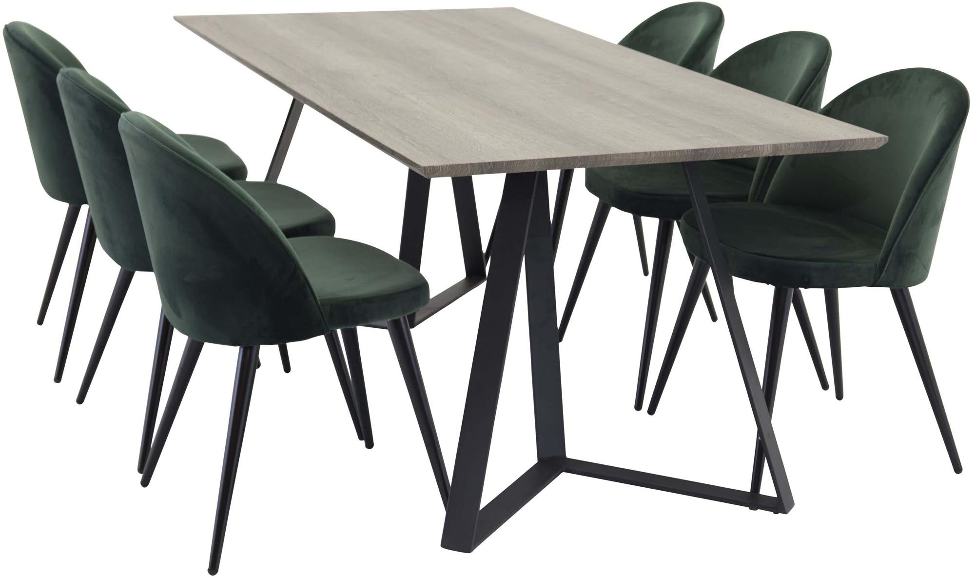 Entdecken Sie das Marina Esszimmerset Velvet von Venture Home: Ein eleganter 180 cm Esstisch für 6 Personen, kombiniert mit stilvollen, bequemen Stühlen für gesellige Momente.