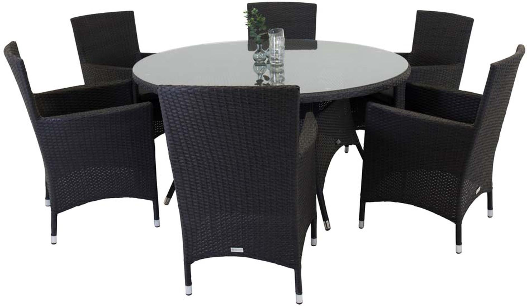 Entdecken Sie das stilvolle Volta Outdoor-Tischset + Malin ⌀150cm für 6 Personen. Hochwertiges Glas und robustes Kunstrattan für Ihren Garten.