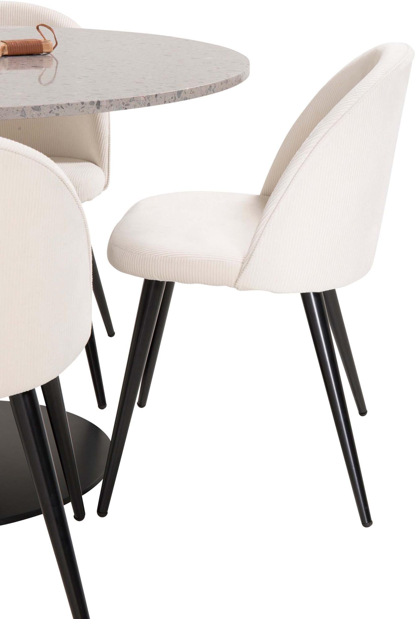 Entdecken Sie das Razzia Esszimmerset von Venture Home: Moderner 106 cm Tisch und 4 stilvolle Velvet-Stühle für unvergessliche Essensmomente.