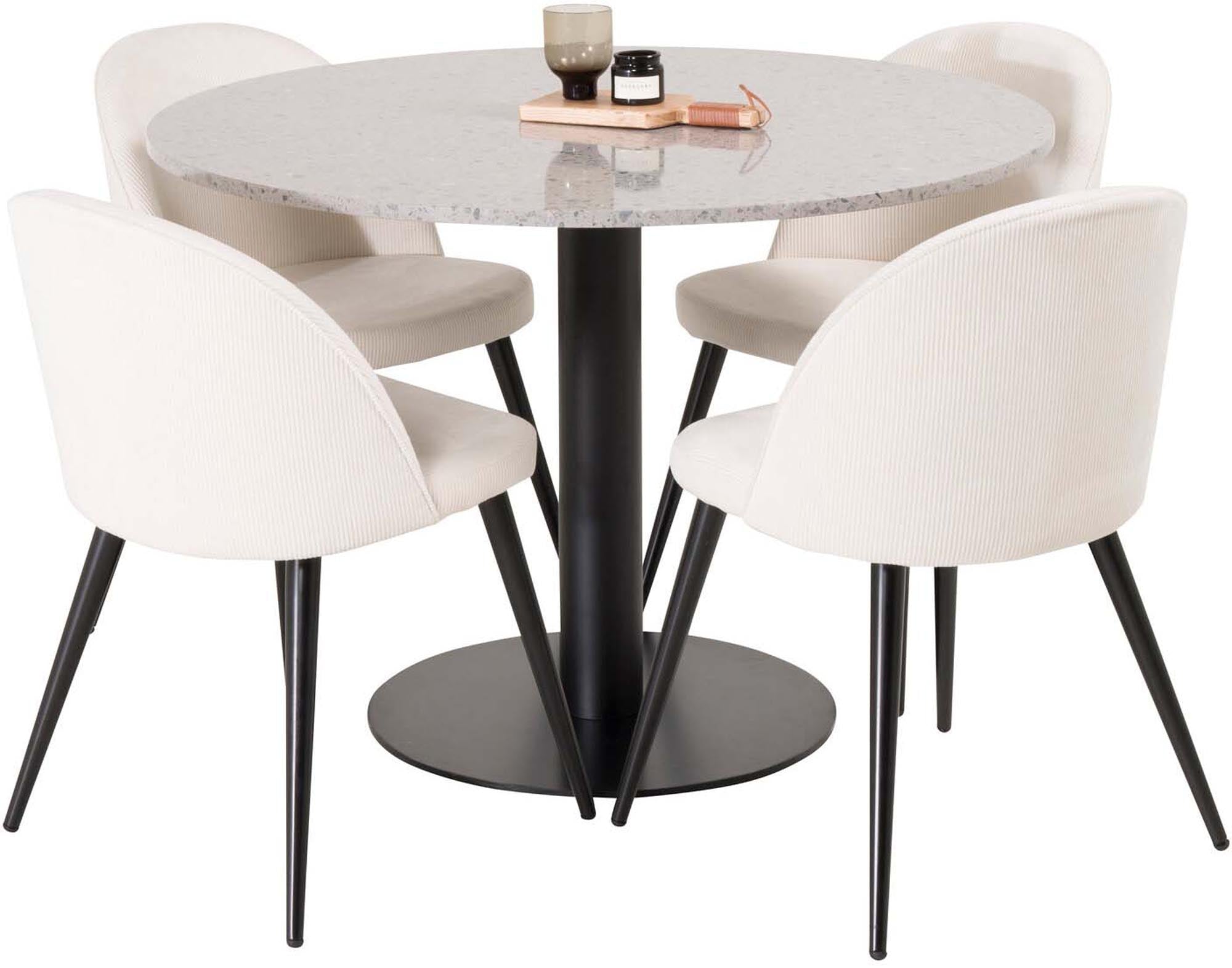 Elegantes Razzia Esszimmerset von Venture Home: Moderner Tisch (106 cm) und 4 stilvolle Velvet-Stühle für höchsten Komfort und zeitloses Design.