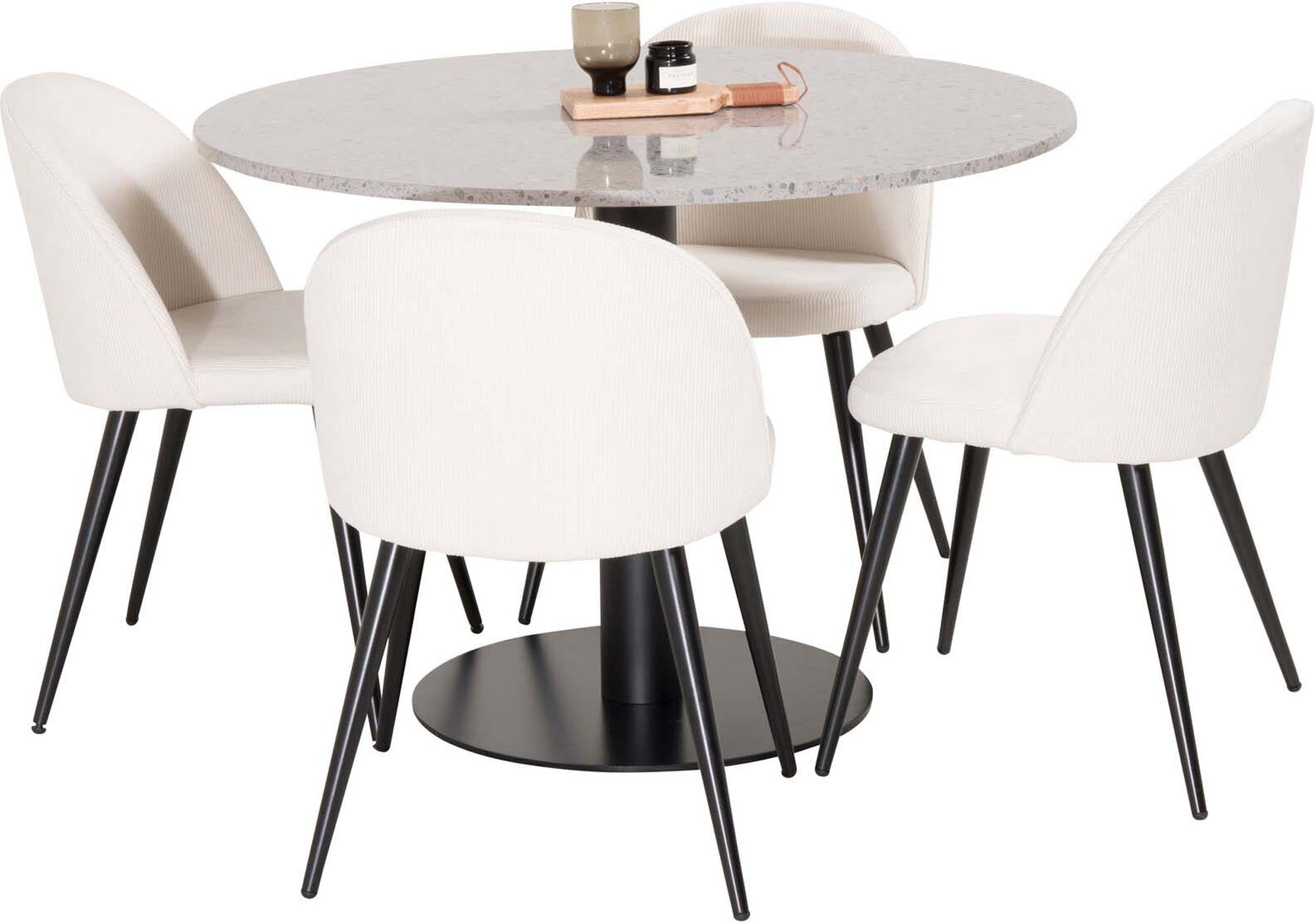 Entdecken Sie das Razzia Esszimmerset von Venture Home: Ein stilvoller Tisch (106 cm) und 4 elegante Velvet-Stühle für ein modernes Esszimmer.