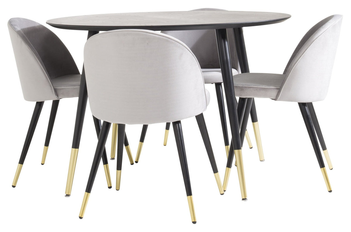 Rundes Dipp Esszimmerset: Esstisch ⌀115 cm mit schwarzem Furnier und schwarzen Beinen, dazu vier Velvet-Stühle mit schwarz-grauem Mikrofaserbezug.