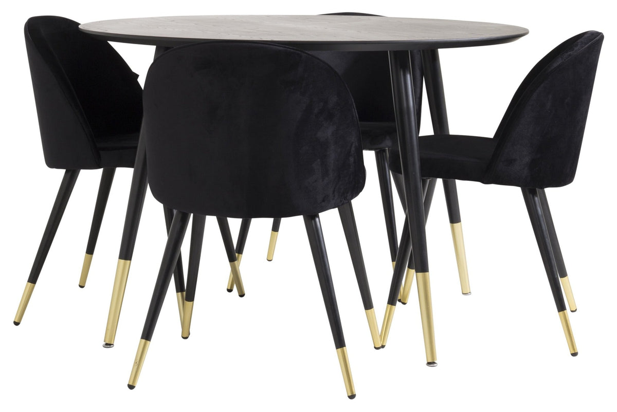 Rundes Dipp Esszimmerset: Esstisch ⌀115 cm mit schwarzem Furnier und schwarzen Beinen, dazu vier Velvet-Stühle mit schwarz-grauem Mikrofaserbezug.