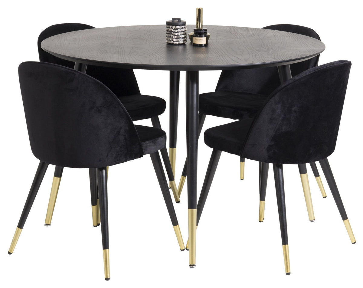 Rundes Dipp Esszimmerset: Esstisch ⌀115 cm mit schwarzem Furnier und schwarzen Beinen, dazu vier Velvet-Stühle mit schwarz-grauem Mikrofaserbezug.