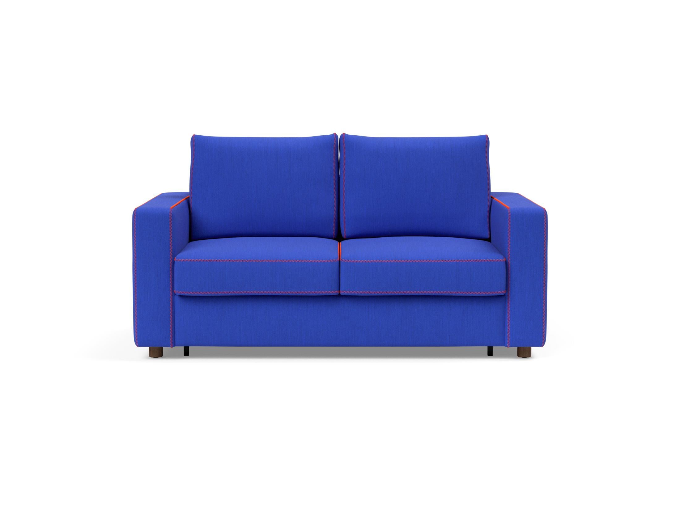 Neah X Schlafsofa: modernes Design, ultramarinblauer Stoff, orange Zickzack-Nähte, 140x195 cm, Komfort und Funktionalität.