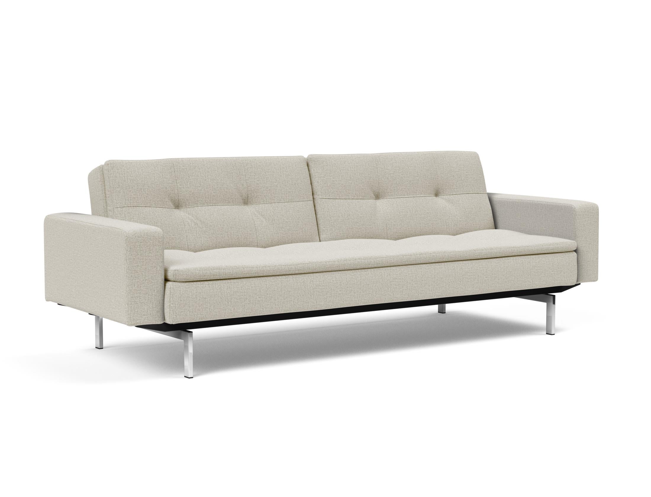 Das Dublexo Chrom Schlafsofa 115 mit Armlehnen bietet stilvolle Vielseitigkeit und Komfort, perfekt für moderne Wohnräume und Übernachtungsgäste.