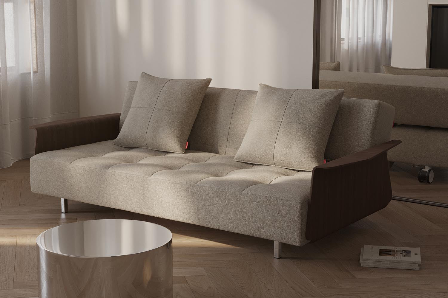 Erleben Sie das Long Horn D.E.L. Schlafsofa mit Armlehnen von Innovation Living – stilvoll, funktional und ideal für entspannte Nächte.
