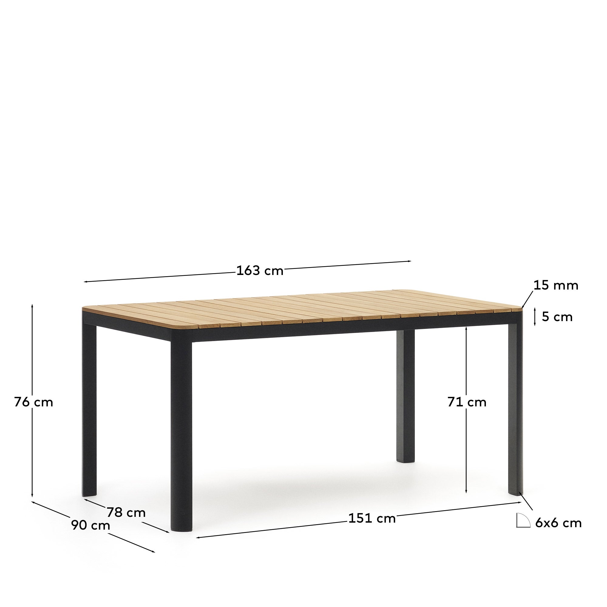 Eleganter Outdoor-Tisch aus massivem Teakholz und schwarzem Aluminium, ideal für gesellige Runden im Freien. Langlebig und pflegeleicht.