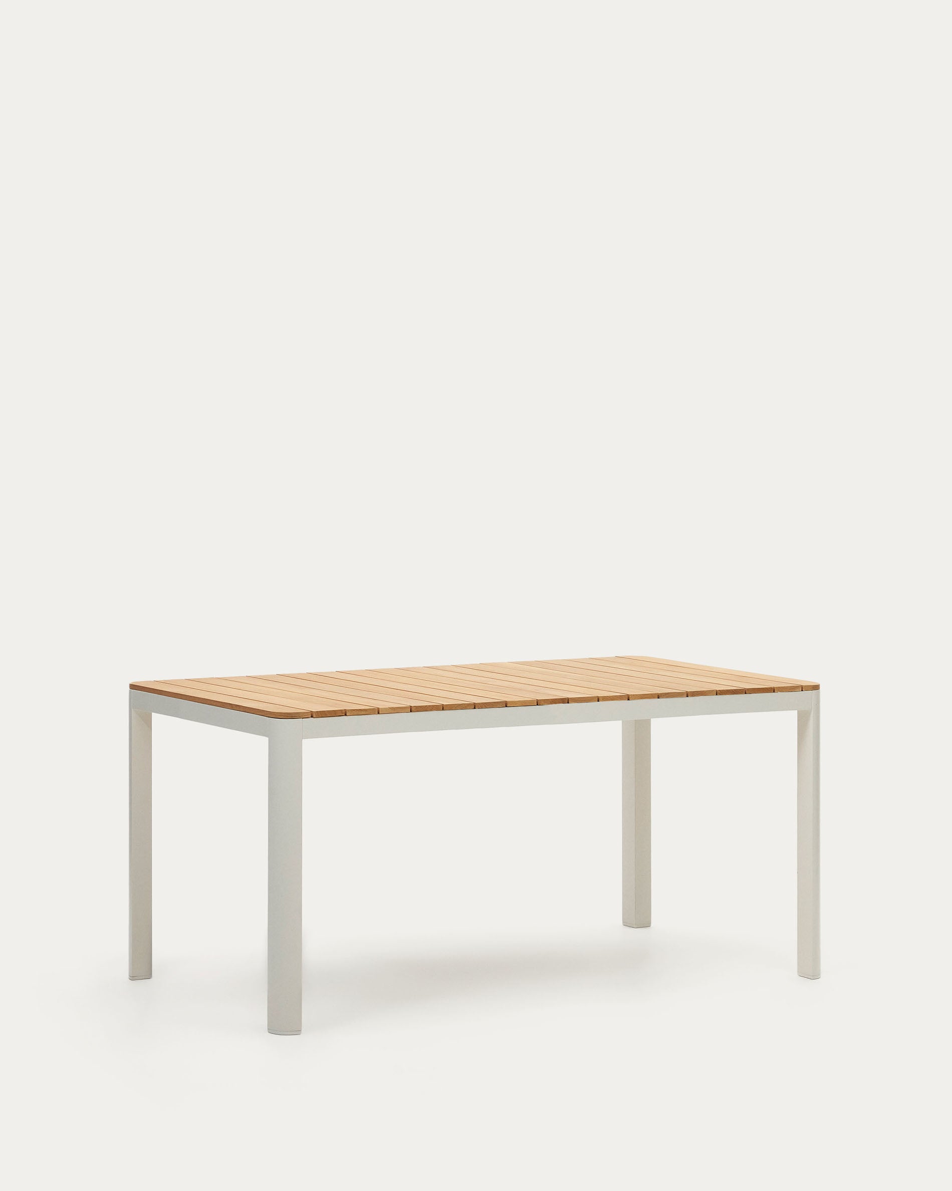 Moderner Outdoor-Tisch aus massivem Teakholz und weissem Aluminium, ideal für den Garten, 160x90 cm, langlebig und stilvoll.