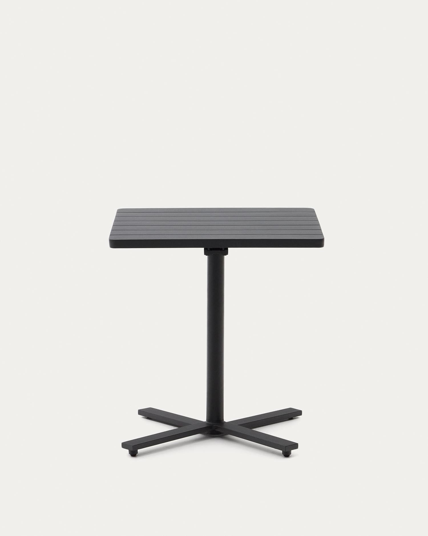 Entdecken Sie den eleganten, faltbaren Torreta Tisch aus Aluminium in modernem Dunkelgrau. Ideal für kleine Balkone und Gärten, 70 x 70 cm.