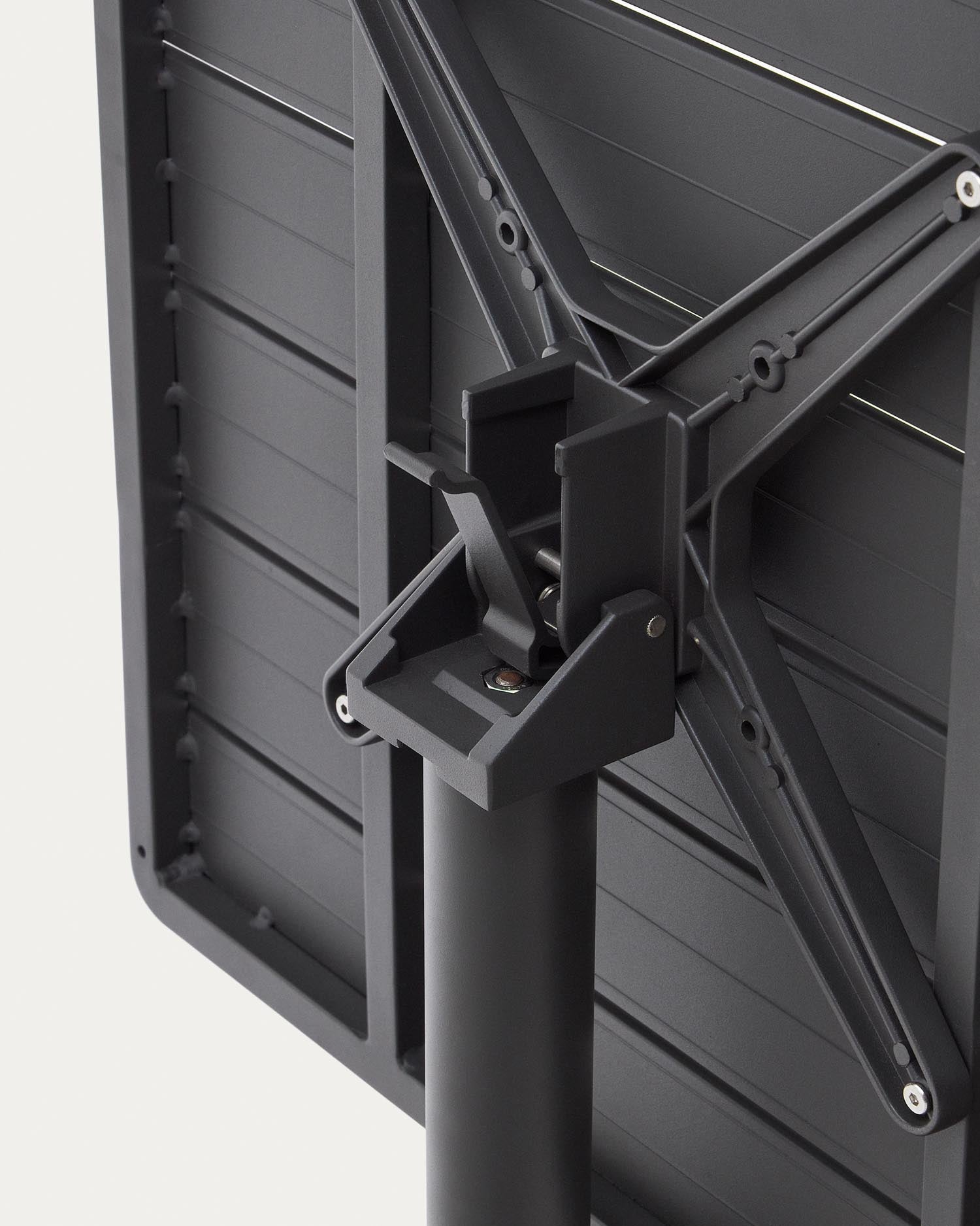 Kompakter, faltbarer Gartentisch Torreta aus robustem Aluminium in elegantem Dunkelgrau, ideal für kleine Balkone und Terrassen.