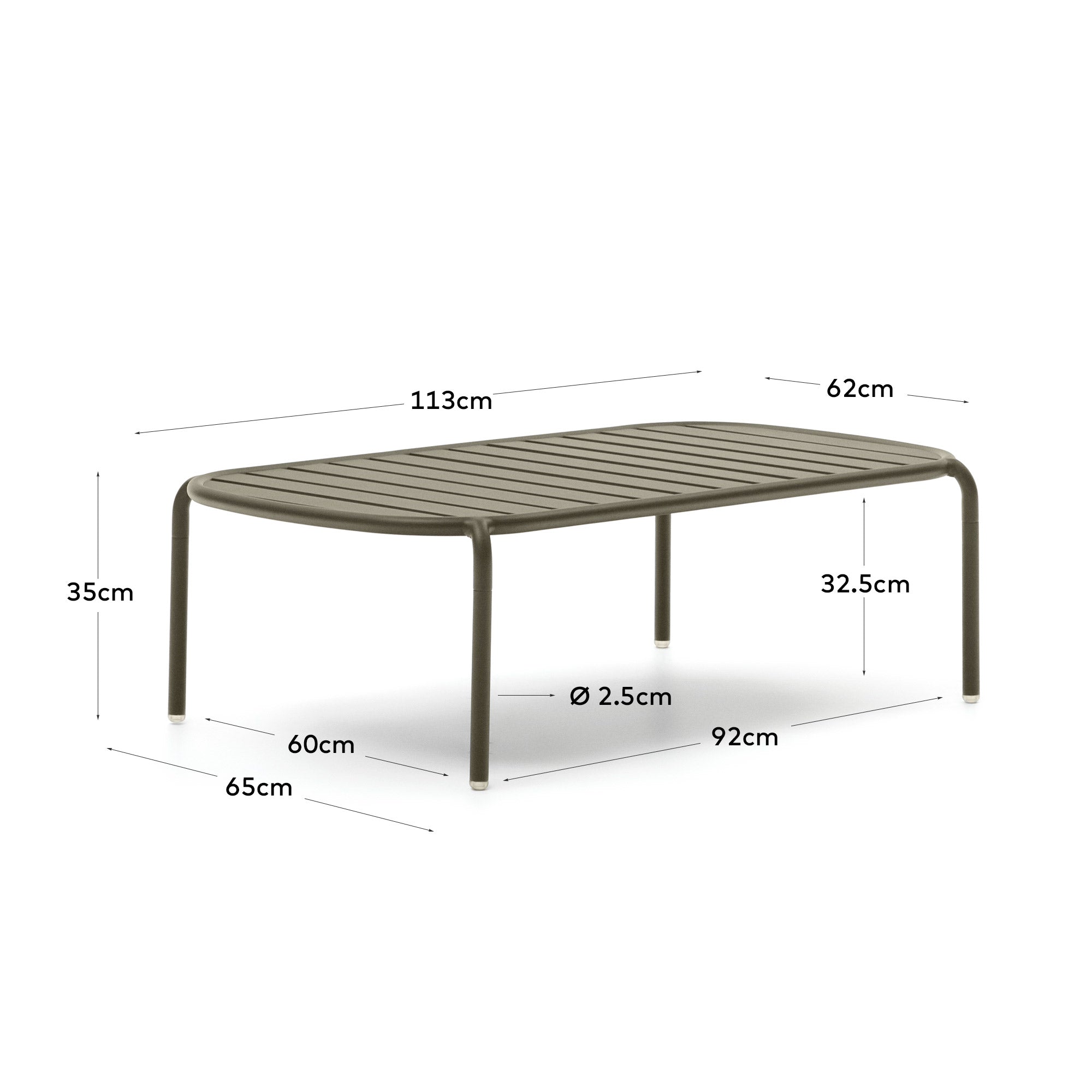 Moderner Gartencouchtisch Joncols aus leichtem Aluminium in elegantem Grün, Ø 110 cm, perfekt für entspannte Stunden im Freien.
