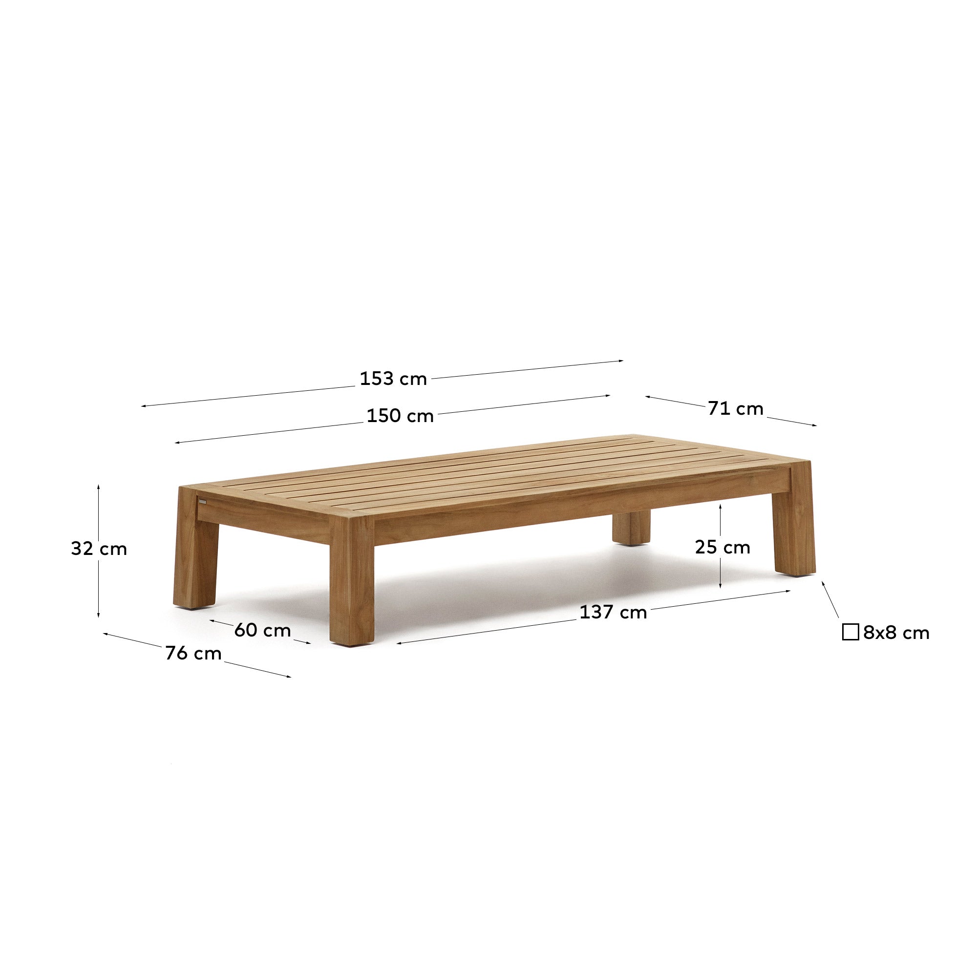 Stilvoller Forcanera Couchtisch aus massivem Teakholz (150 x 71 cm) – ideal für Wohnzimmer und überdachte Terrassen. Langlebig und elegant.