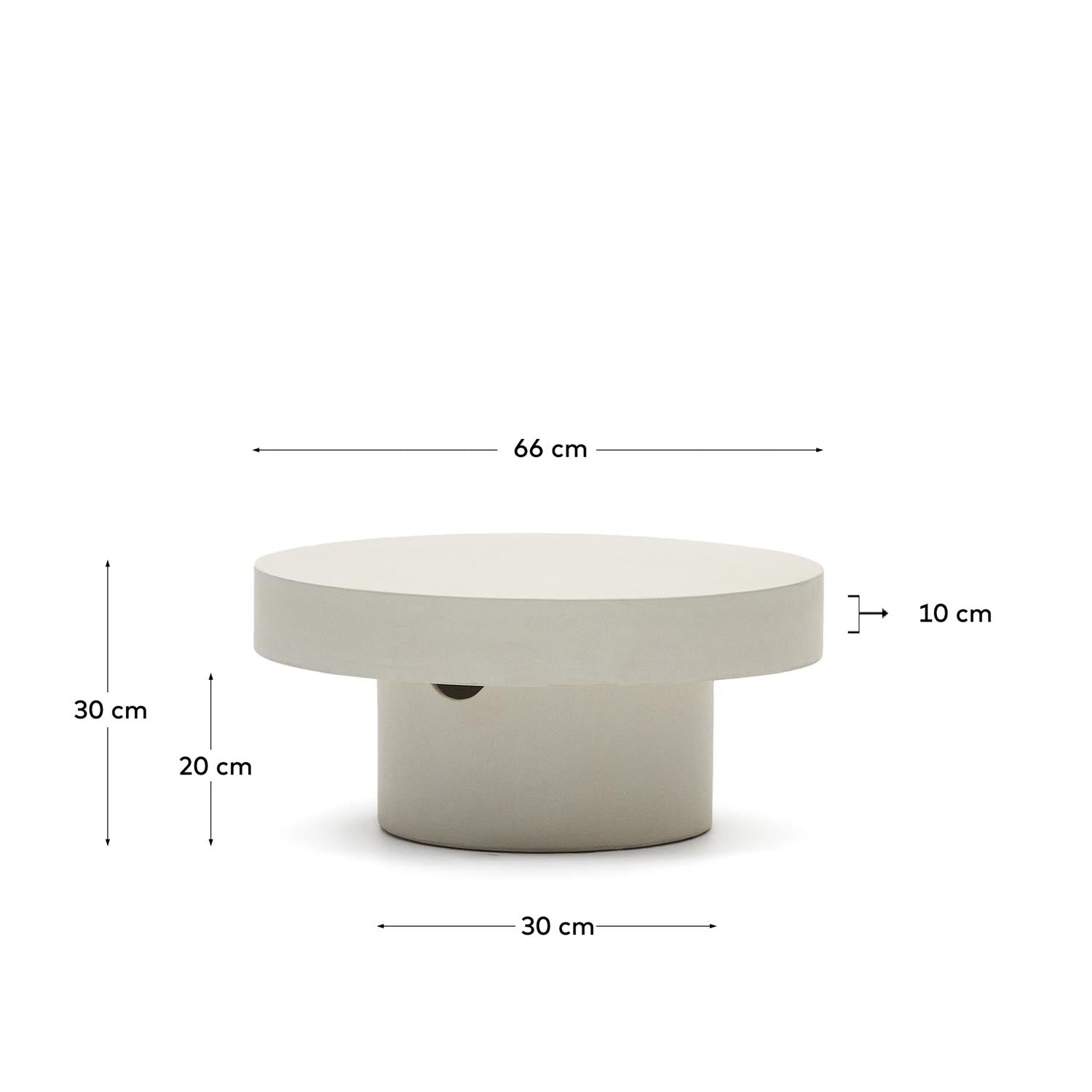 Eleganter runder Couchtisch aus weißem Zement (Ø 66 cm) von Kave Home. Perfekt für jedes Zuhause, drinnen und draußen, mit stilvollem, minimalistischen Design.
