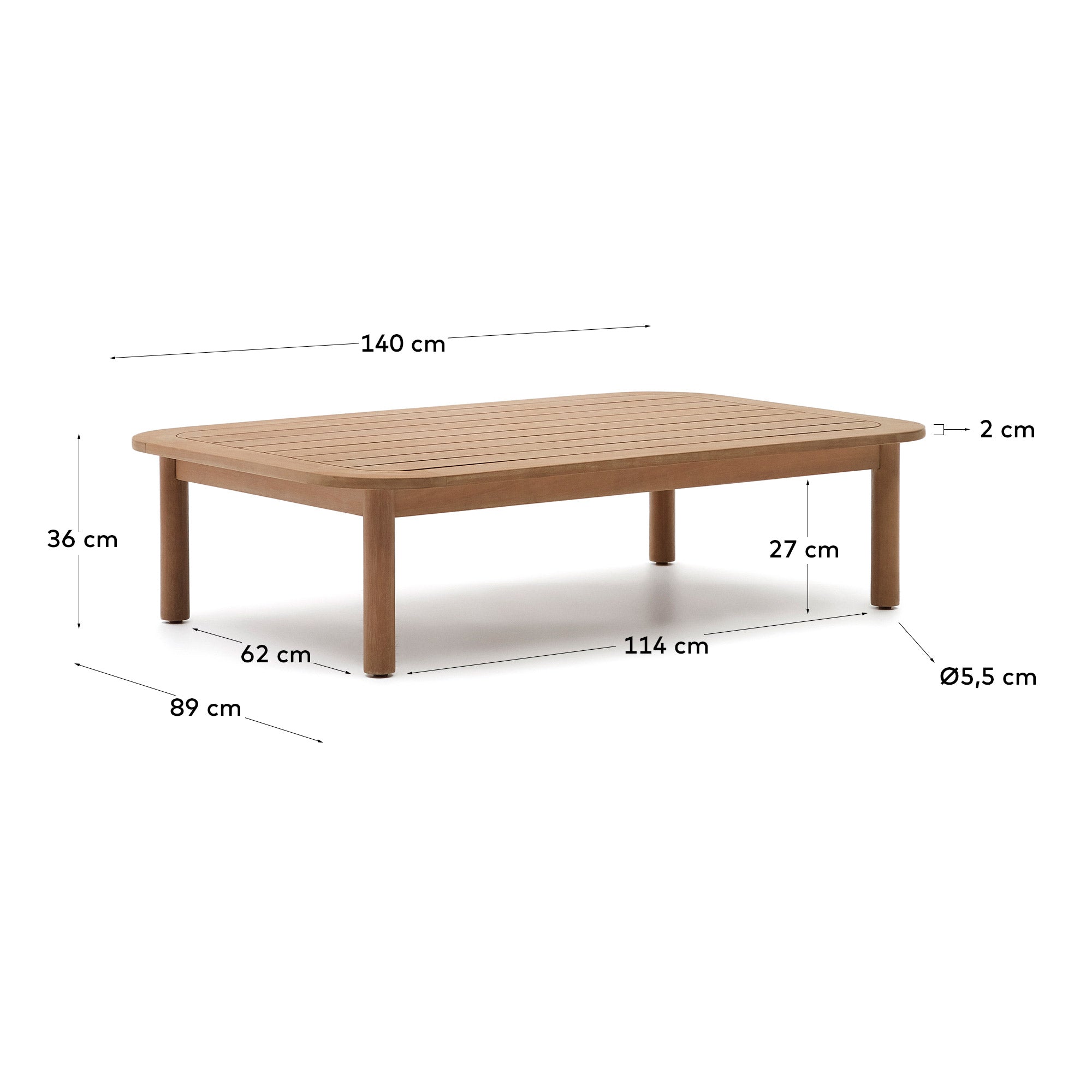 Eleganter Sacova Couchtisch aus massivem Eukalyptusholz, ideal für den Außenbereich. Wetterfest, FSC-zertifiziert und großzügig mit 140x89 cm.