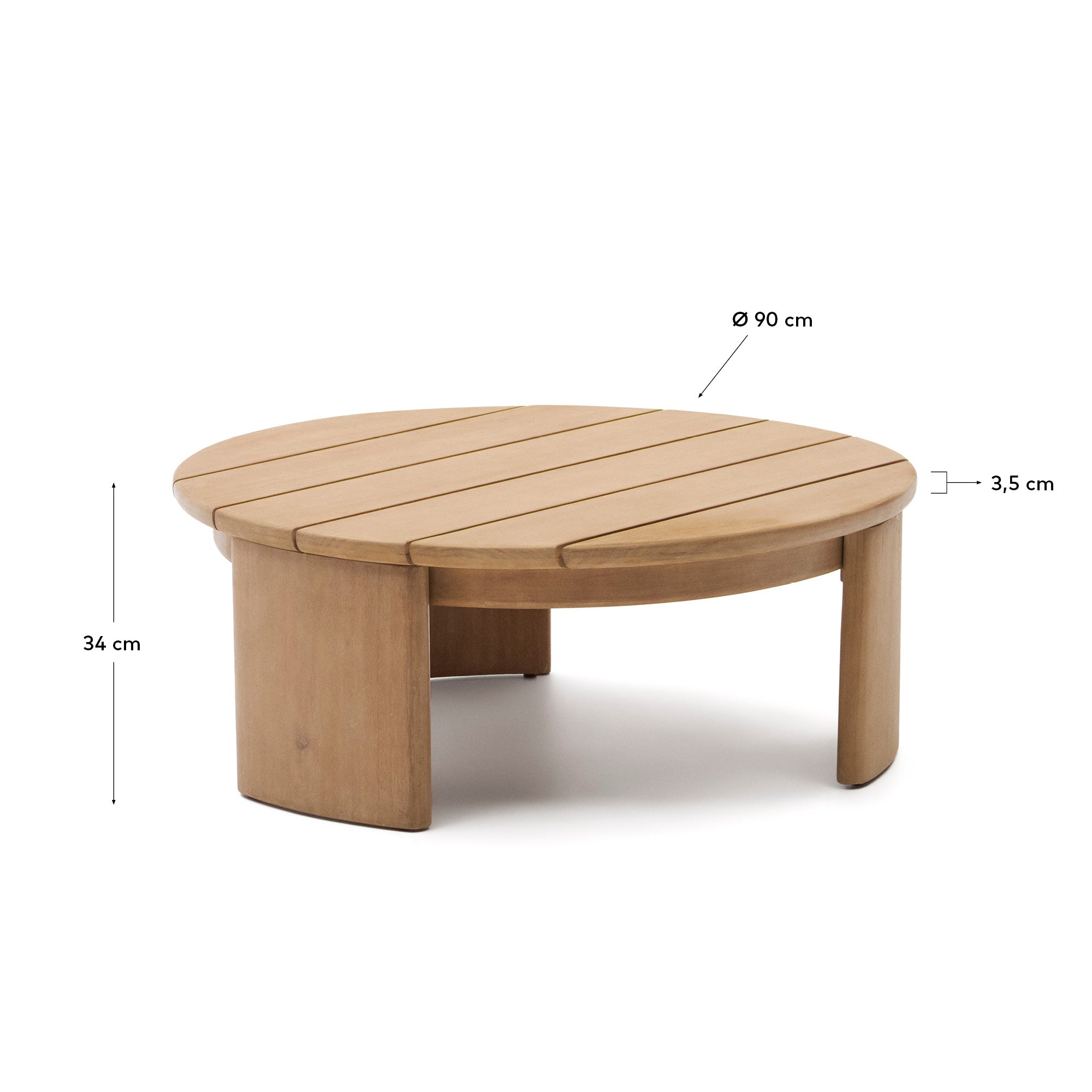 Stilvoller Xoriguer Couchtisch aus massivem Eukalyptusholz, Ø 90 cm. Ideal für drinnen und draußen, nachhaltig und robust.