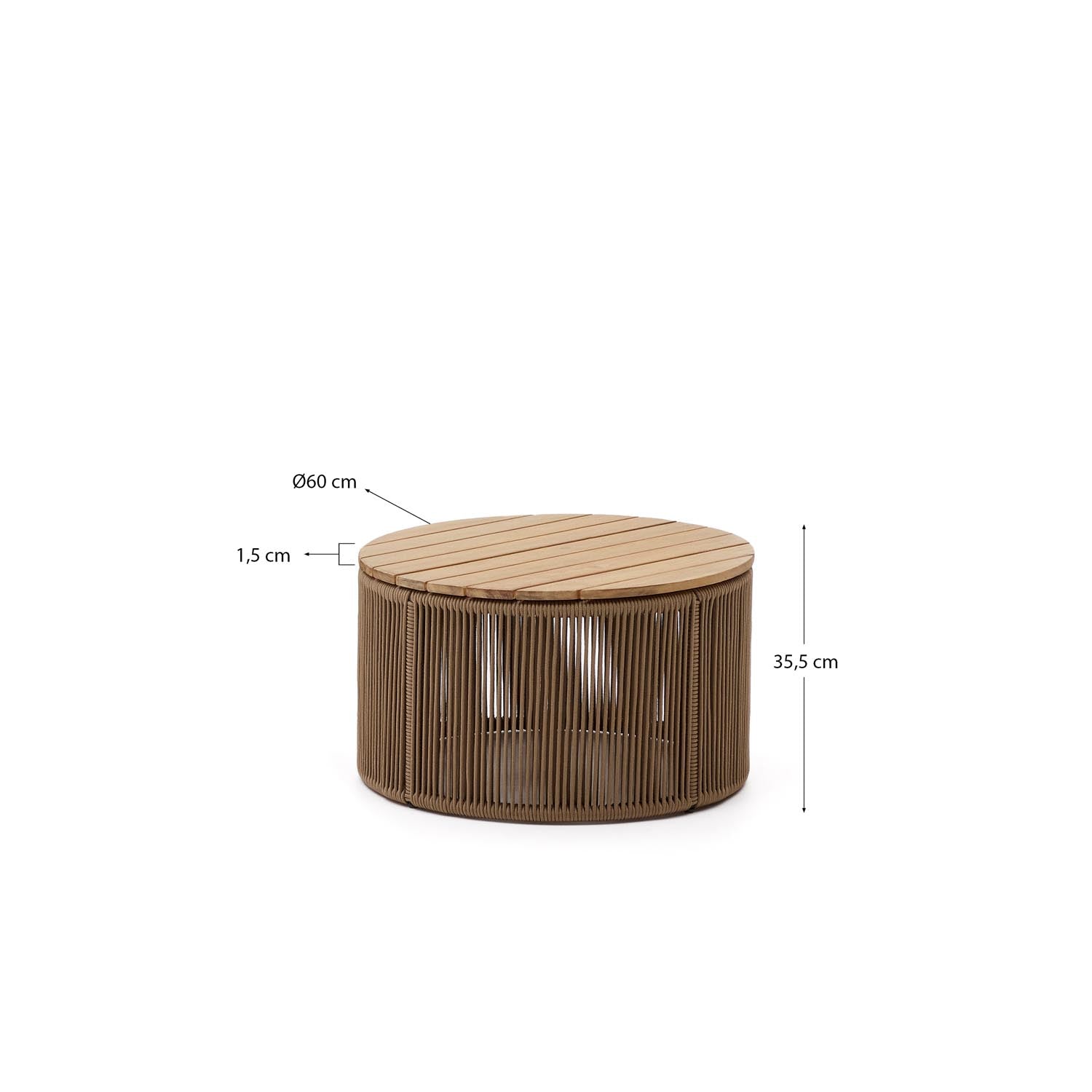 Eleganter Couchtisch Dandara: Stahl, Akazienholz, beiges Flechtwerk, Ø60 cm, FSC-zertifiziert, für drinnen & draussen.