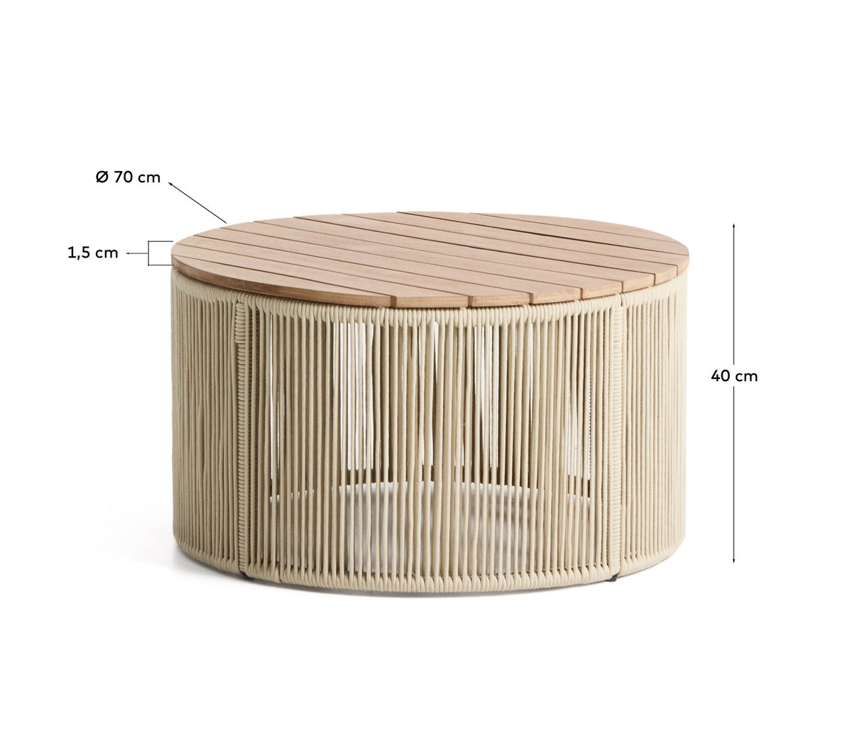 Runder Couchtisch Dandara mit Gestell aus Stahl und ecrufarbenem Seil, Tischplatte aus massivem Akazienholz, Ø 70 cm.