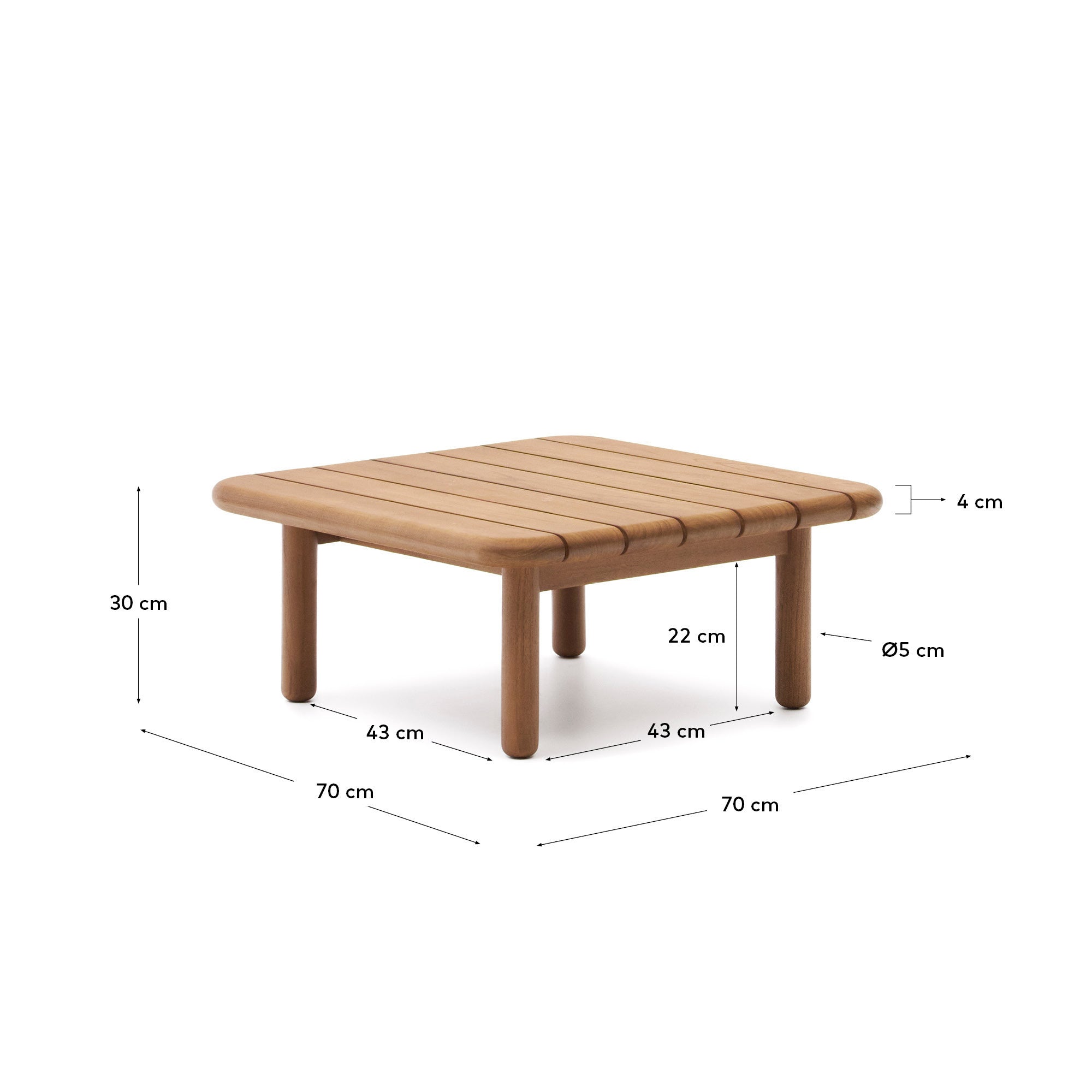 Stilvoller Turqueta Couchtisch aus 100% FSC-zertifiziertem Teakholz, 70 x 70 cm. Ideal für Outdoor-Bereiche – robust, nachhaltig und elegant.