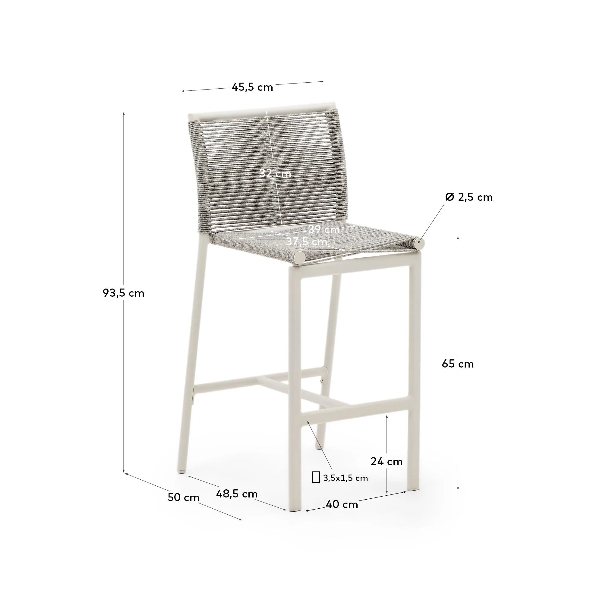 Eleganter Culip Outdoor-Hocker, 65 cm, aus robustem Seil und weißem Aluminium, perfekt für moderne Außenbereiche.