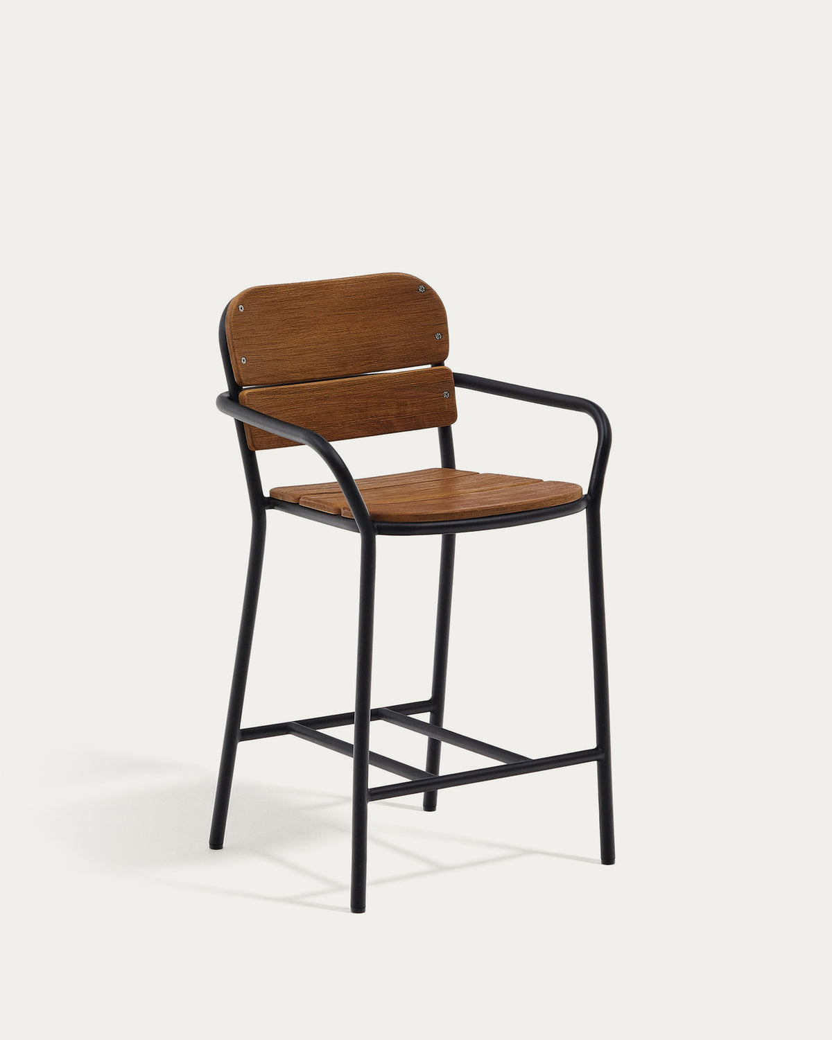 <tc>Algueret</tc> Sgabello in legno massello di eucalipto, finitura naturale, alluminio nero, 65 cm, FSC 100%.
