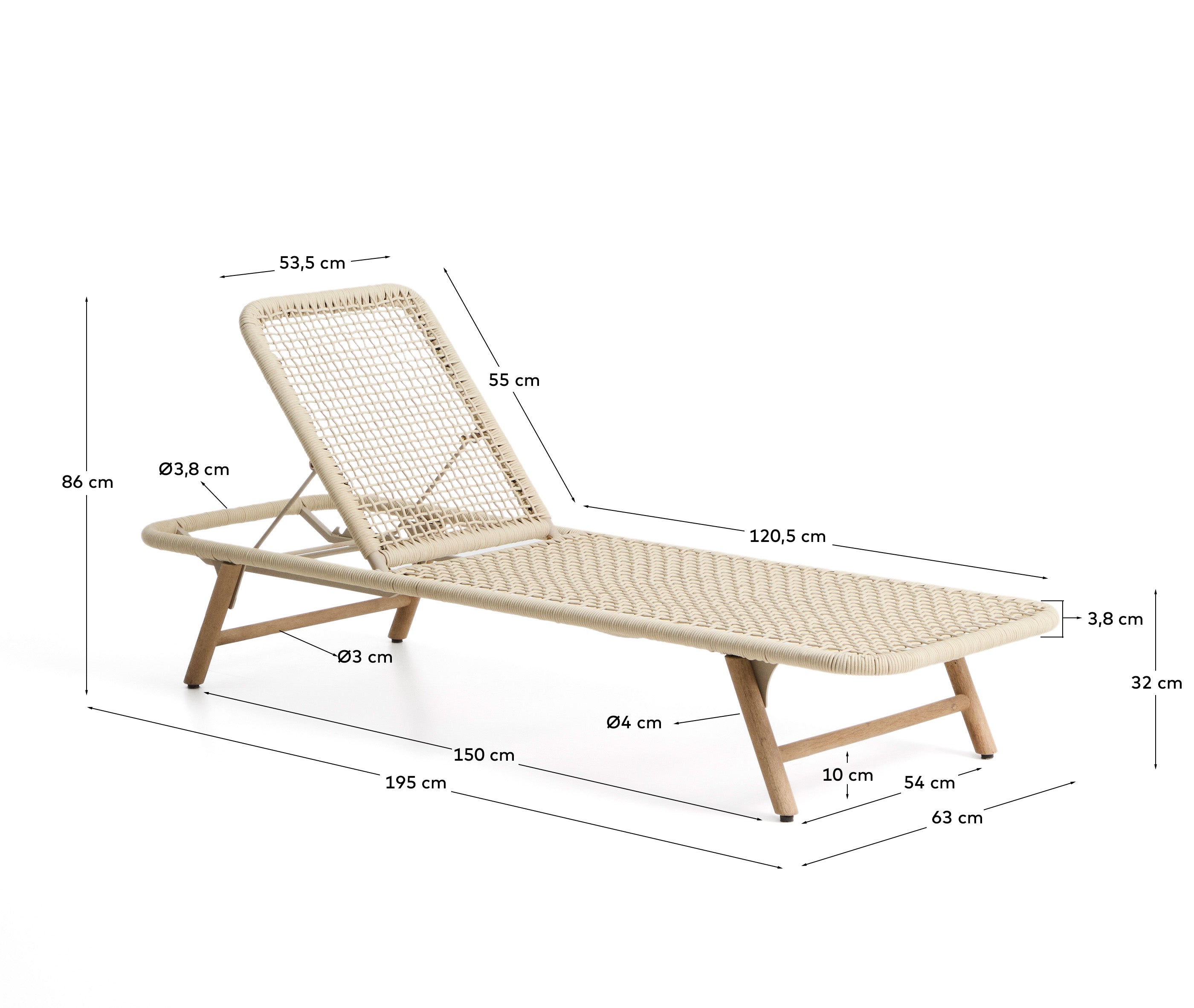 Sonnenliege Dandara mit Stahlgestell, ecrufarbenem Seil und Beinen aus massivem Akazienholz FSC 100 % in Ecru präsentiert im Onlineshop von KAQTU Design AG. Liegestuhl ist von Kave Home