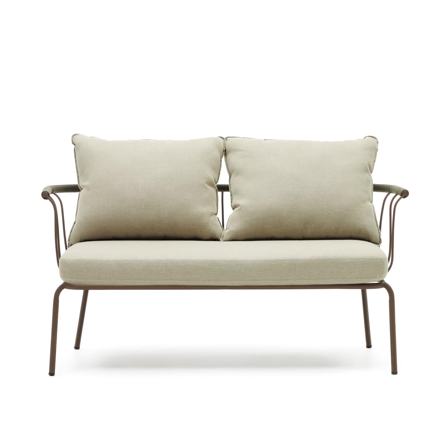 Elegantes 2-Sitzer-Sofa aus grünem Seil und braunem Stahl, 134 cm.