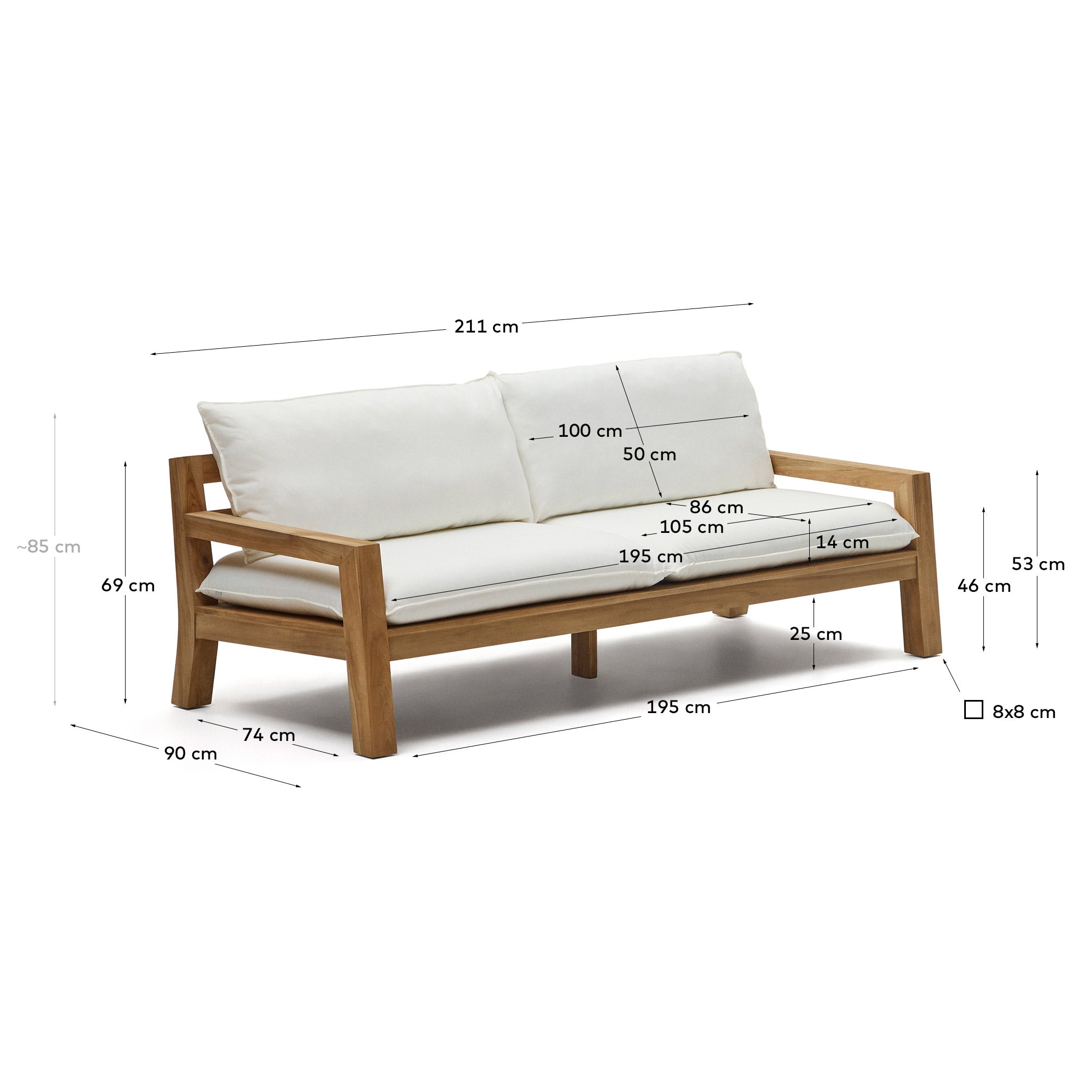 Stilvolles 3-Sitzer-Sofa aus robustem Teakholz, 211 cm. Ideal für gemütliche Abende und modernes Wohnen. Hochwertige Verarbeitung und elegantes Design!