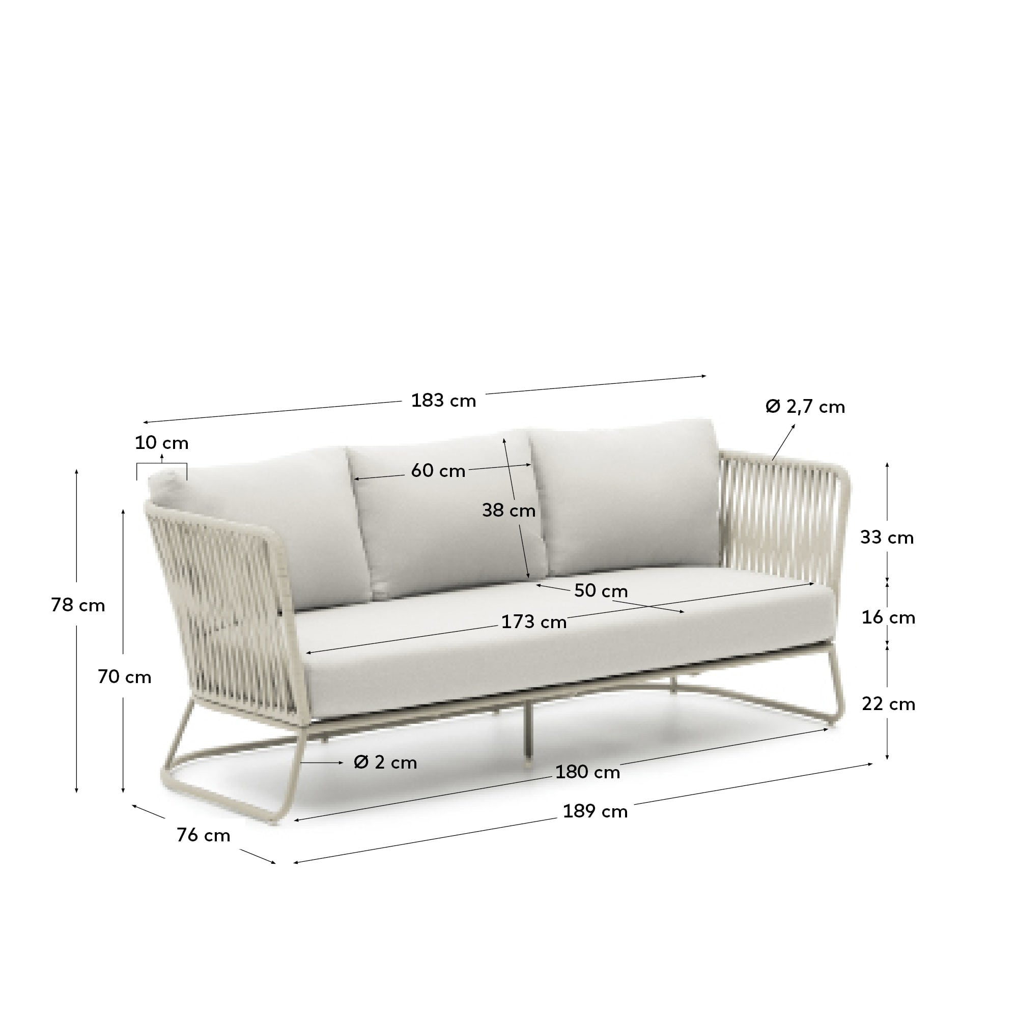 Elegantes 3-Sitzer-Outdoor-Sofa aus grauem Seil und verzinktem Stahl, 189 cm, ideal für stilvolle Außenbereiche.