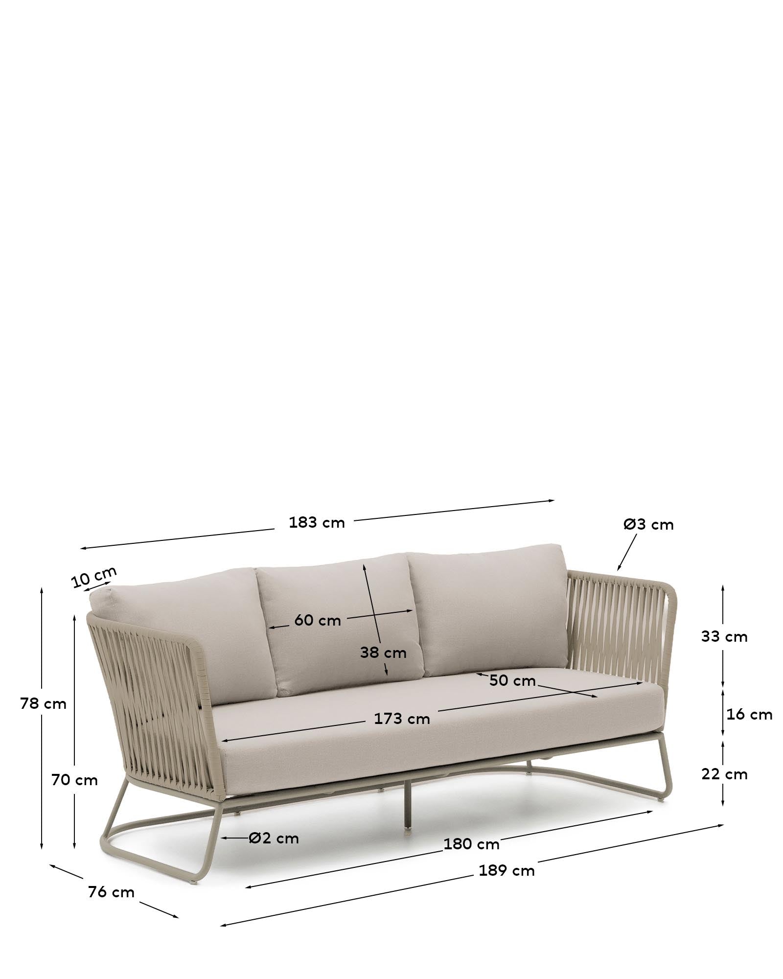 Elegantes 3-Sitzer-Outdoor-Sofa Saconca aus strapazierfähigem Seil und beigem verzinktem Stahl, ideal für entspannte Stunden im Freien.