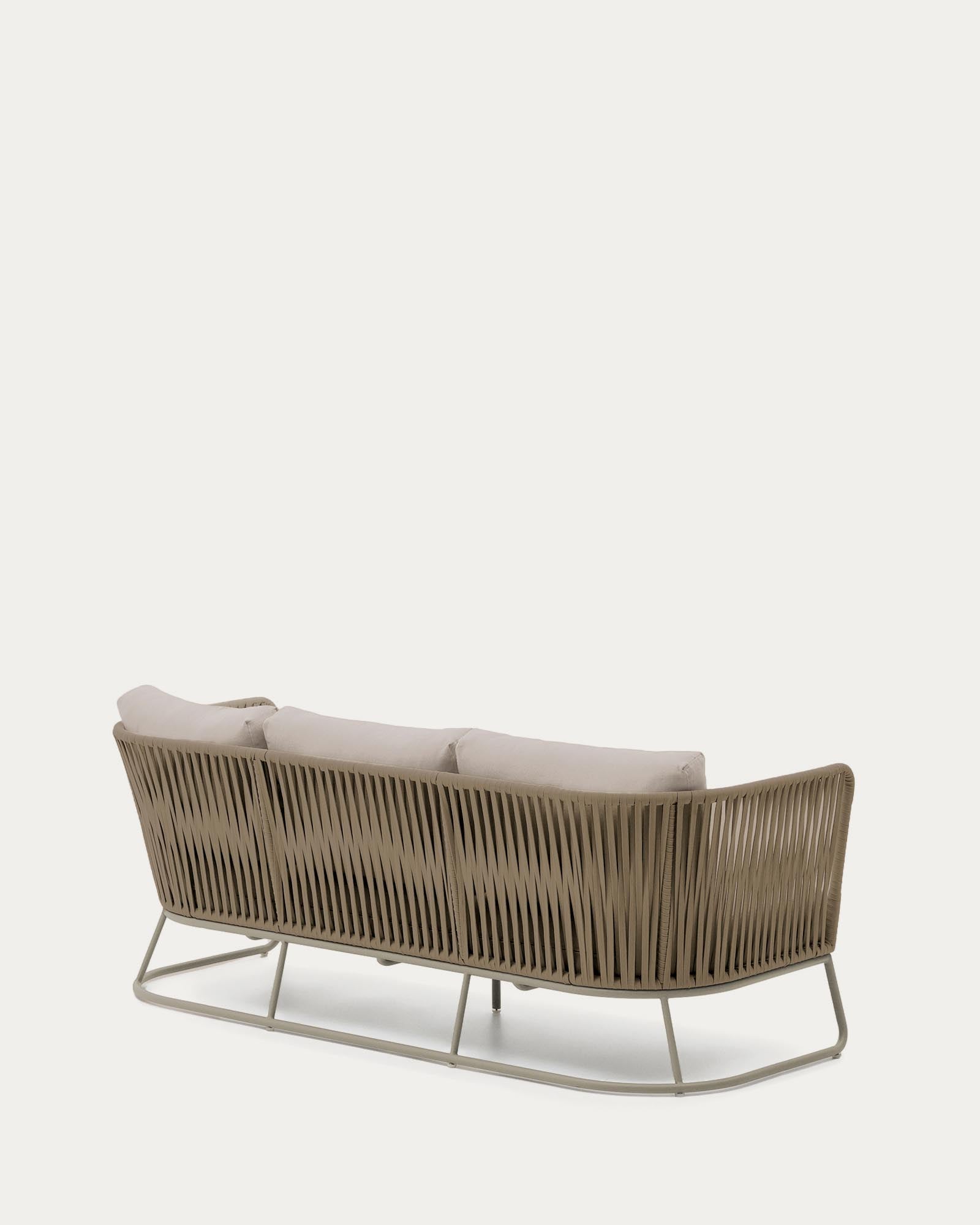 Stylisches 3-Sitzer-Sofa Saconca für den Außenbereich, gefertigt aus robustem Seil und beigem verzinktem Stahl, perfekt für gemütliche Gartenmomente.