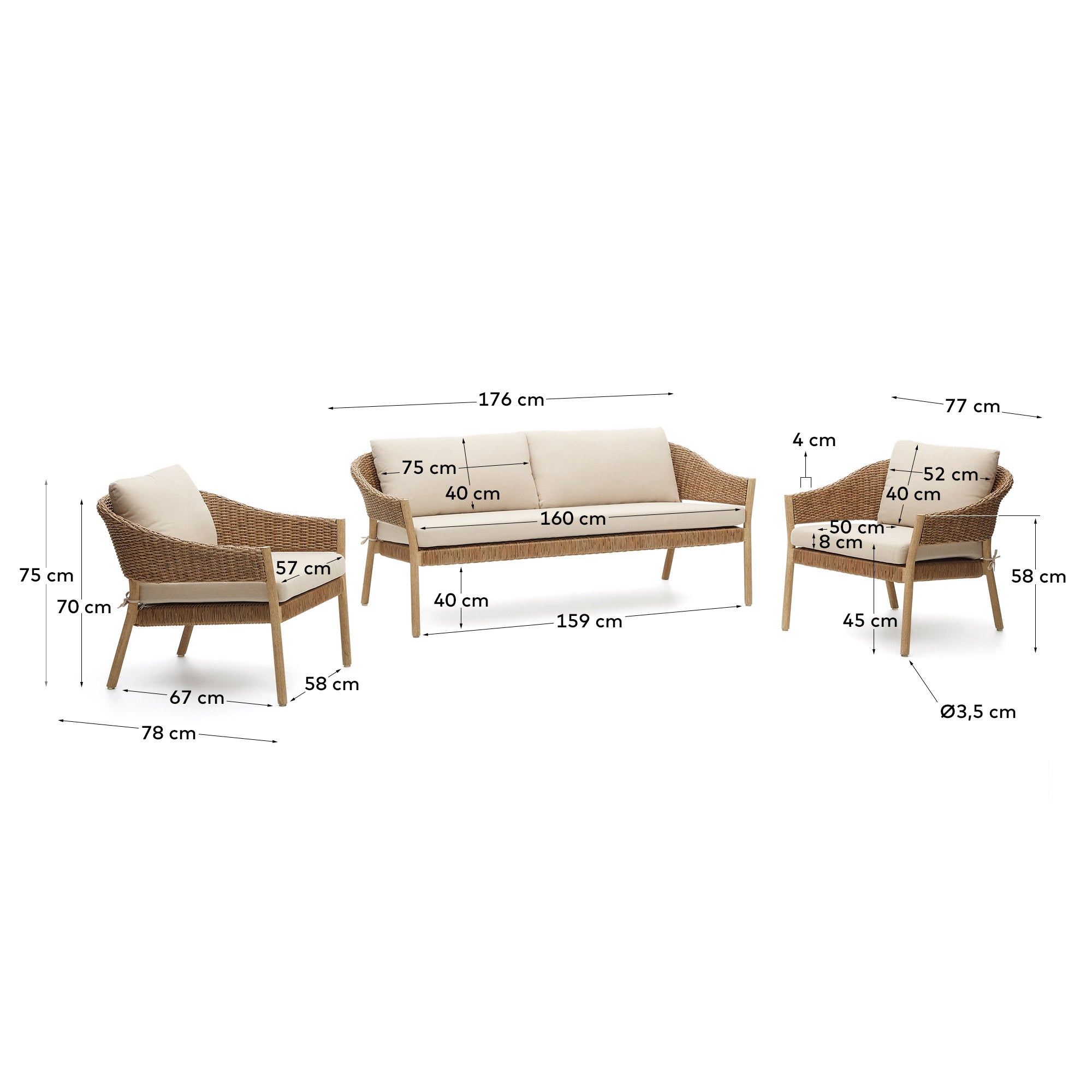 Elegantes Set aus 2-Sitzer-Sofa und 2 Sesseln, stapelbar, aus nachhaltigem Eukalyptusholz und Kunstrattan, perfekt für draußen.