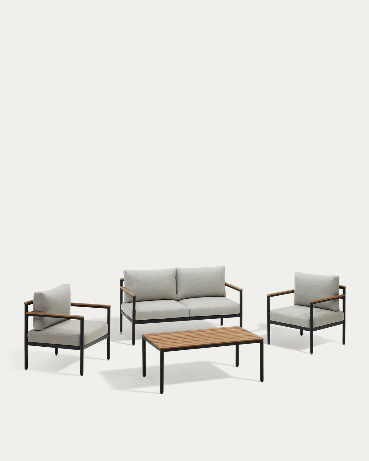 Aiguafr<tc>eda</tc> Ensemble canapé 2 places 2 fauteuils + table basse aluminium gris bois d'acacia massif FSC 100%