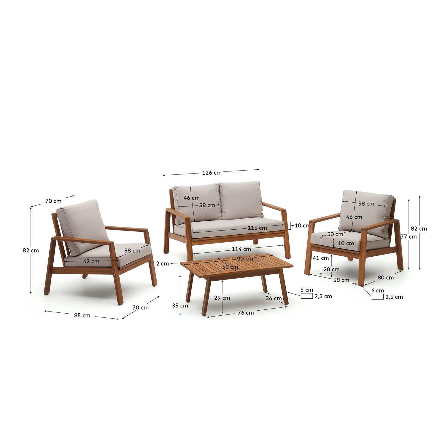 Stilvolles Frares Set: 2-Sitzer-Sofa, 2 Sessel, Couchtisch aus FSC-zertifiziertem Akazienholz für Komfort und Eleganz im Aussenbereich.