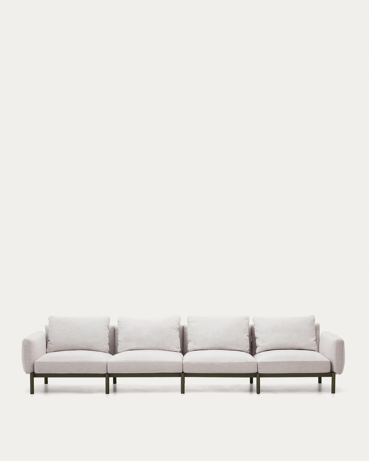 Das Sorells 4-Sitzer-Sofa aus grünem Aluminium ist modular, wetterfest und ideal für stilvolle Aussenbereiche.